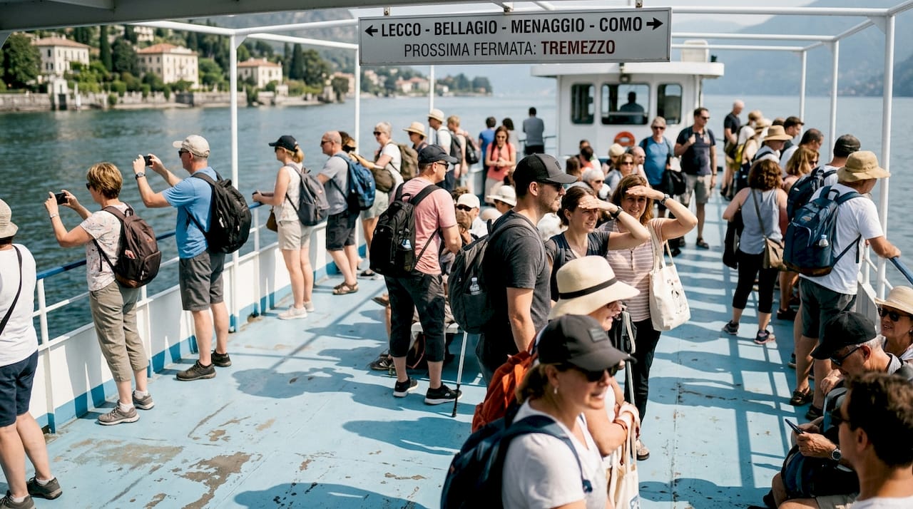 Tourists crowd public ferry Lake Como