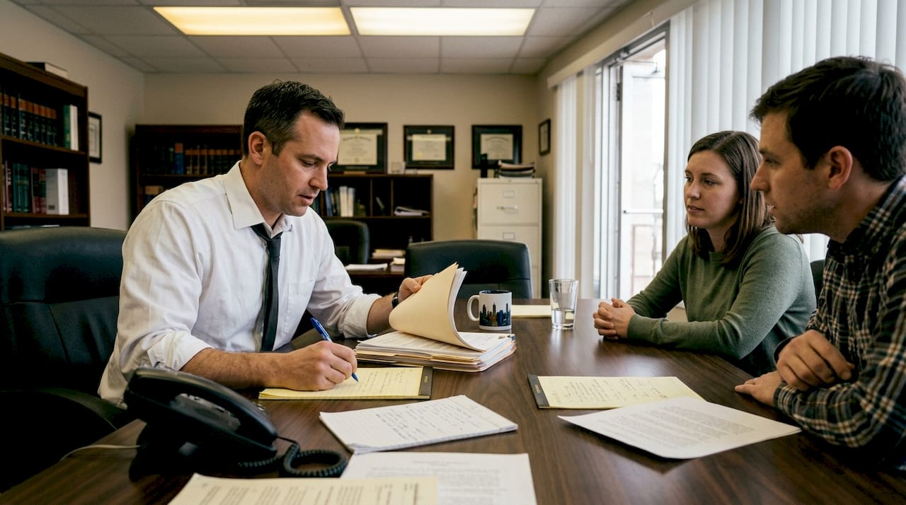 Immigration attorney discusses case with couple