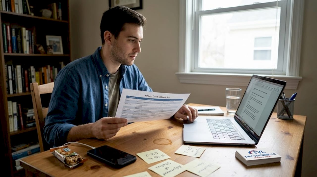 Man comparing green card documents at home