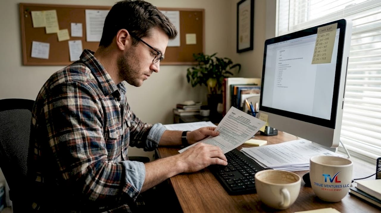 Man entering case number at computer desk