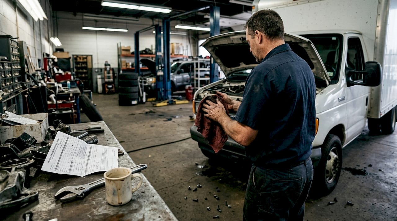 Mechanic with truck repair paperwork in garage
