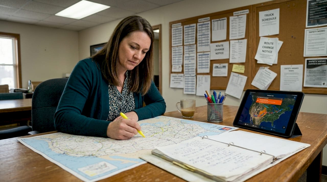 Logistics coordinator plans trucking routes on map