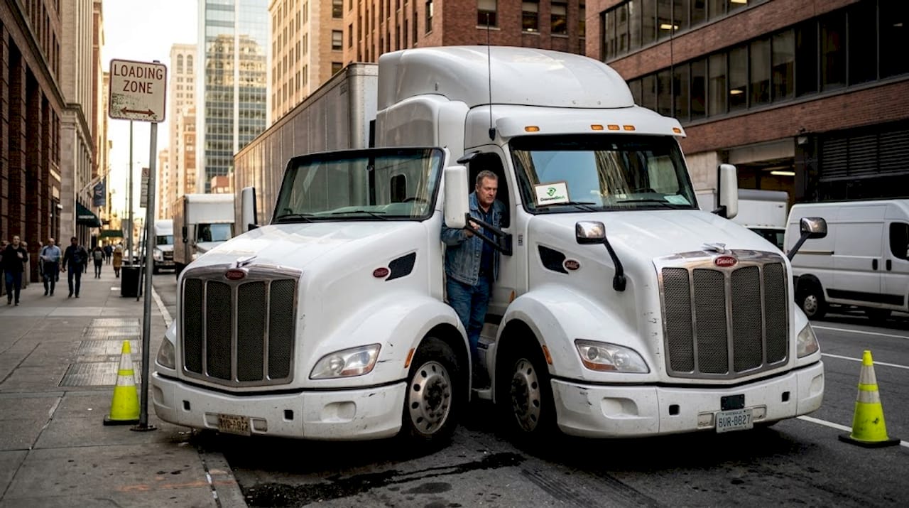 Semi-truck parked in urban loading zone