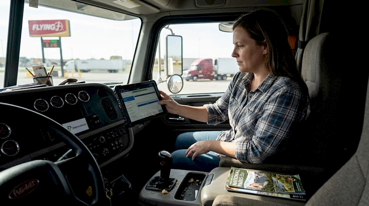 Truck driver checks hours-of-service logbook