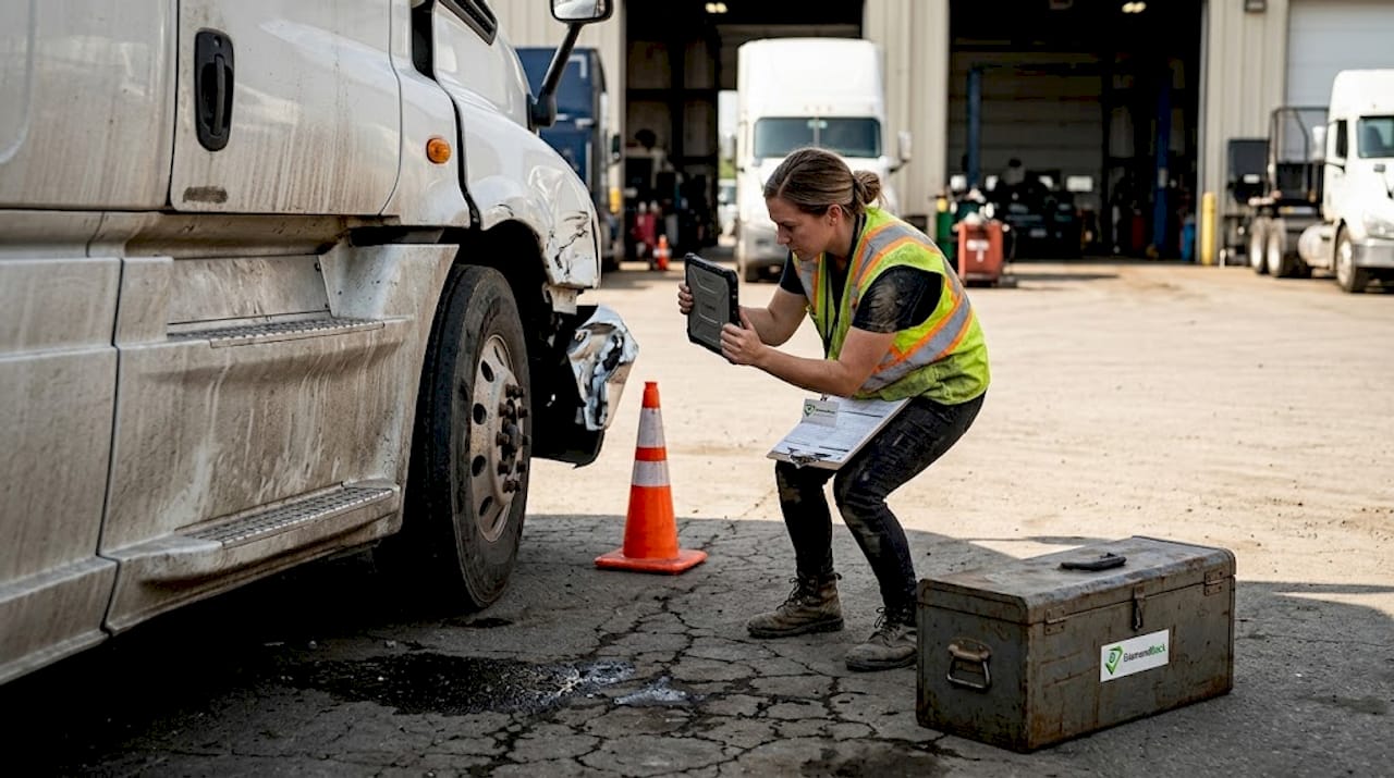 Claims adjuster documents damage on semi-truck