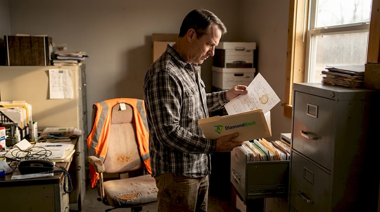 Owner sorting truck claim paperwork in office