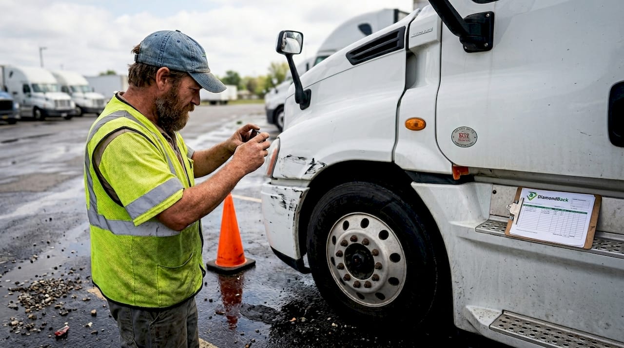 Truck driver documenting accident scene