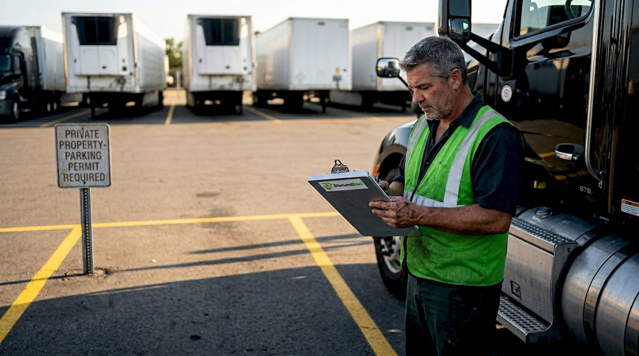 Truck driver inspecting cargo truck in lot