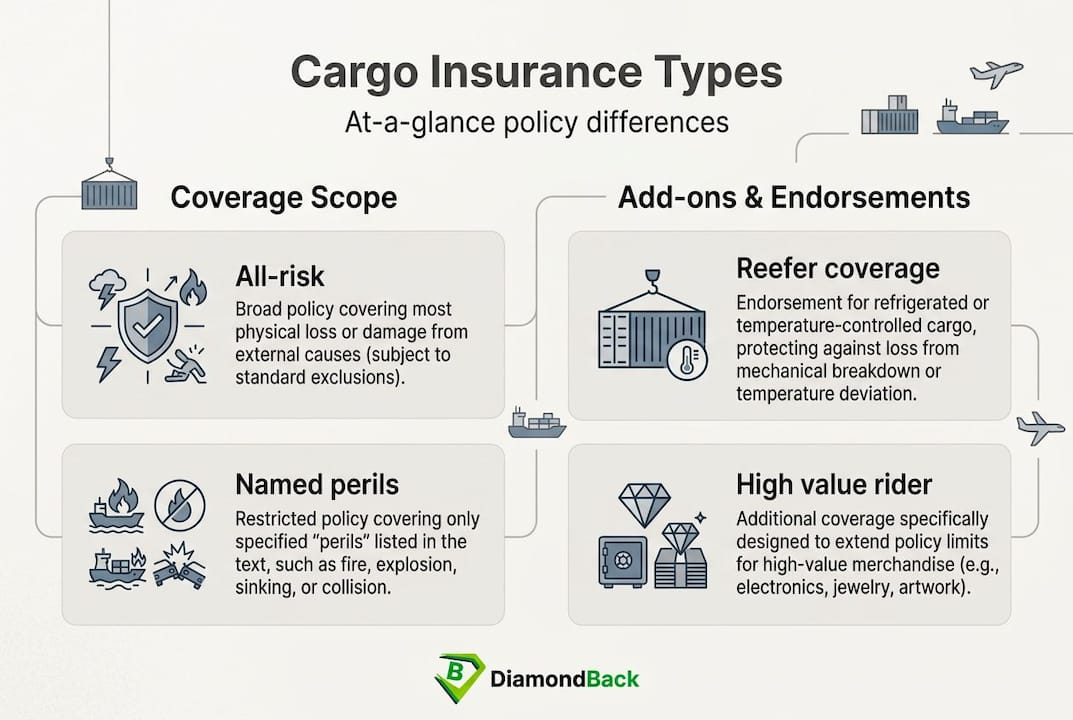 Infographic displays cargo insurance types and add-ons