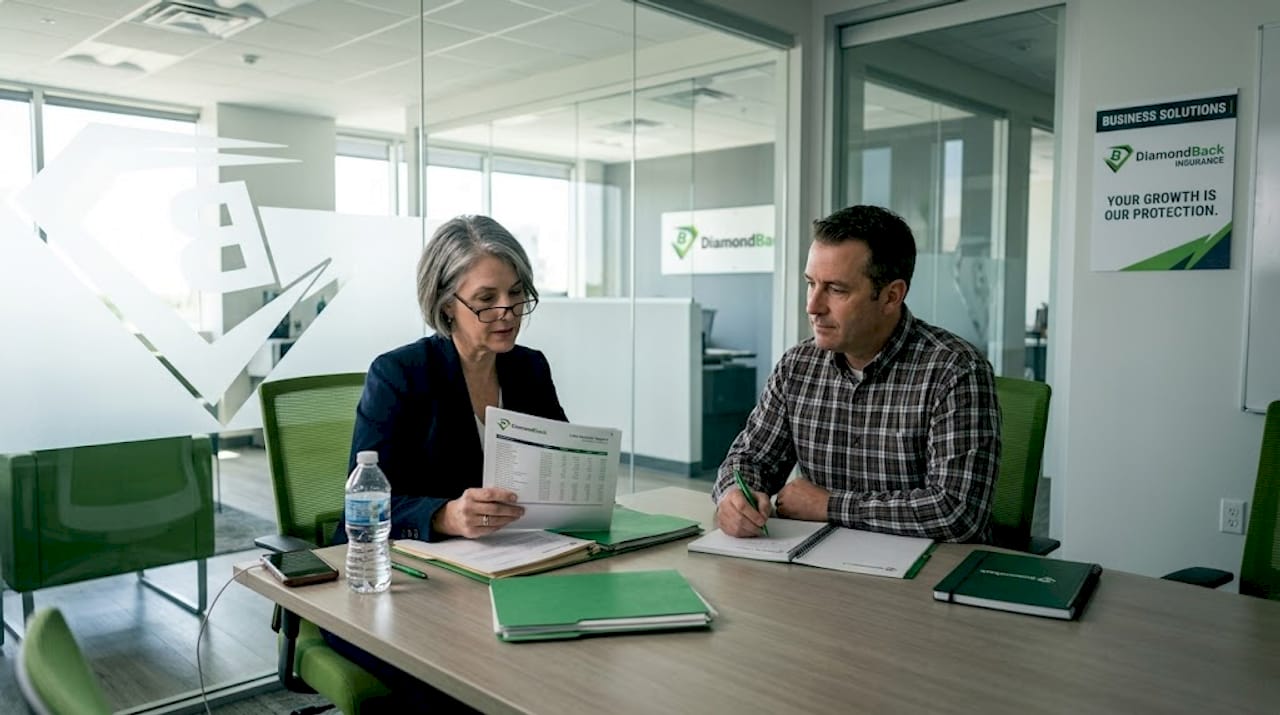 Underwriter and client reviewing insurance records