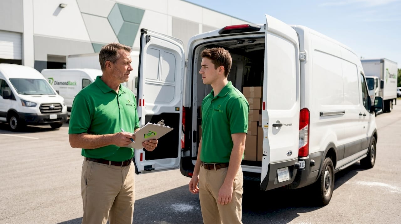 Fleet manager dispatching delivery drivers outdoors