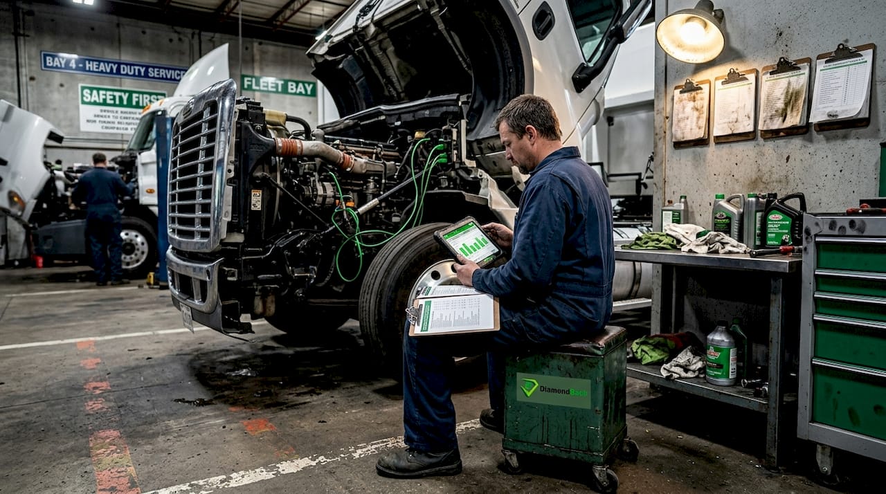 Mechanic performing truck maintenance in service bay
