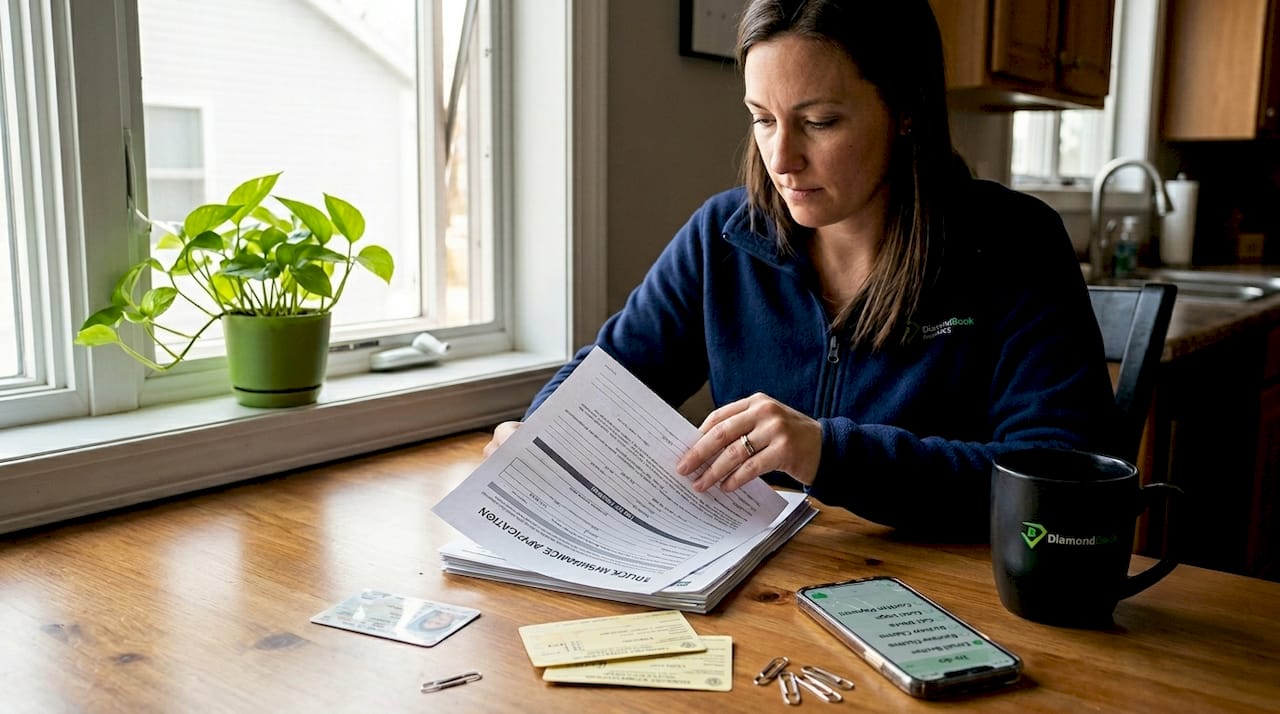 Woman organizing trucking insurance documents at table