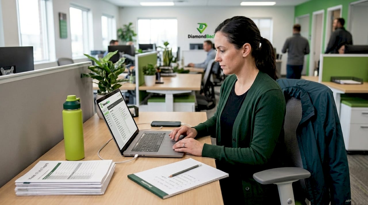Safety manager updates insurance checklist at desk