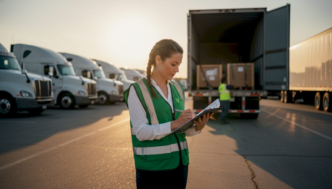 Fleet manager surveying trucks in company yard