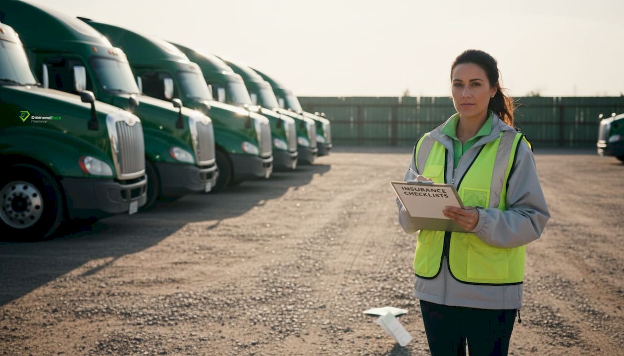 Coordinator checks truck insurance in fleet yard