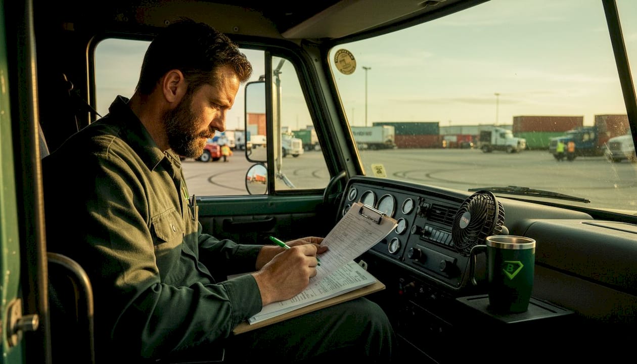 Truck driver reviews insurance checklist in cab