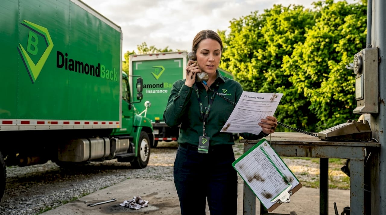 Compliance officer checks safety report in fleet garage