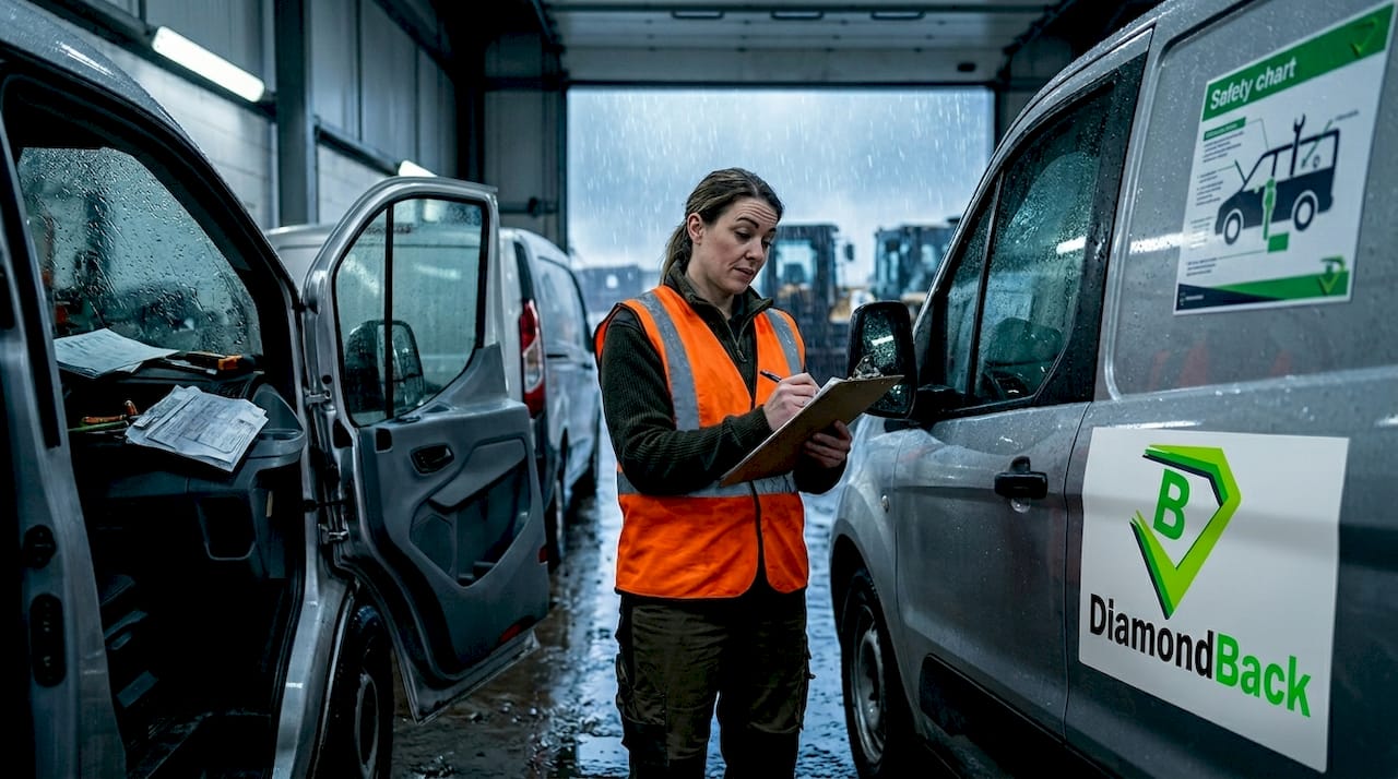 Fleet manager in wet garage with vehicles