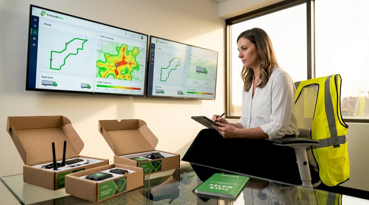 Fleet manager monitoring telematics dashboard screens