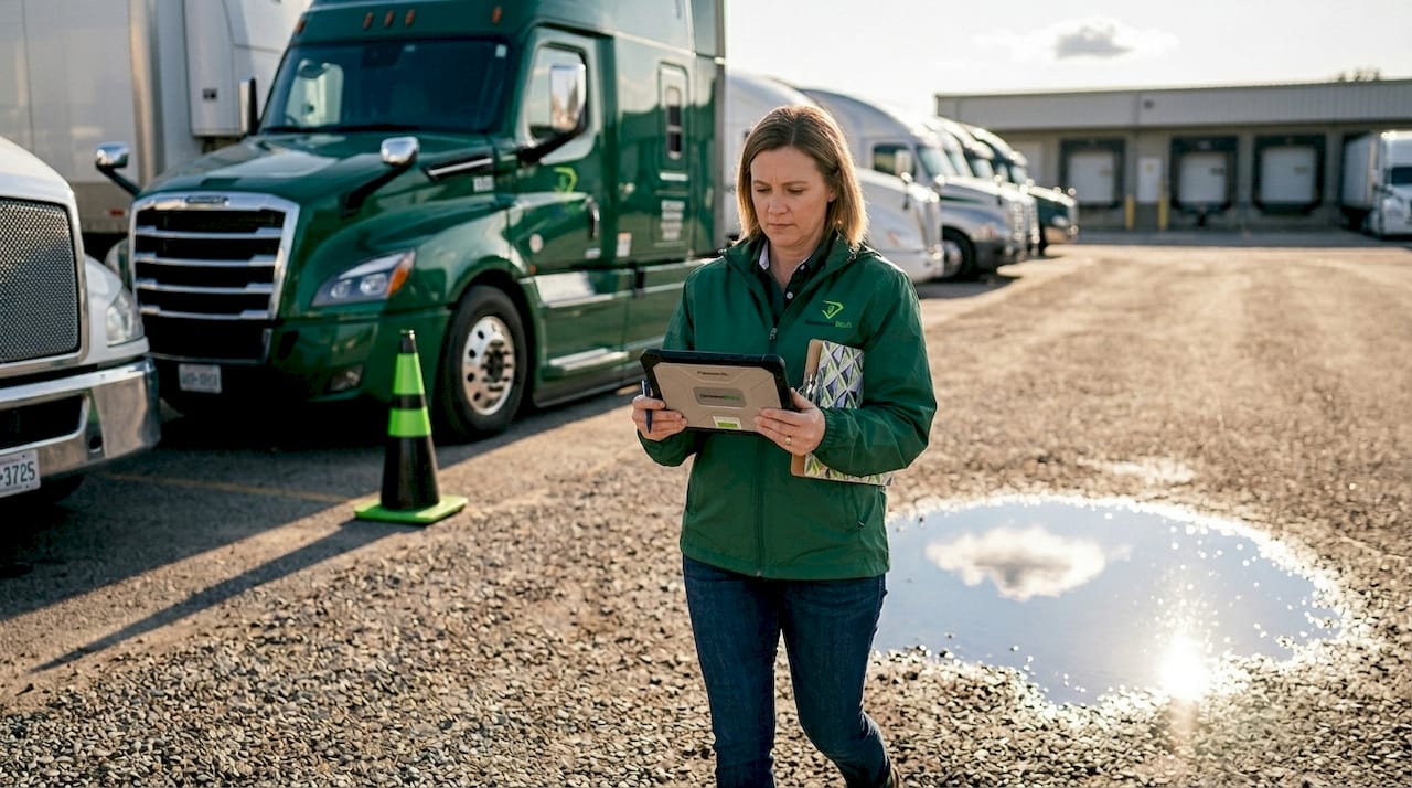 Logistics manager reviewing trucks for insurance