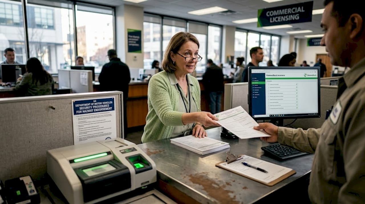 DMV examiner processes hazmat truck paperwork