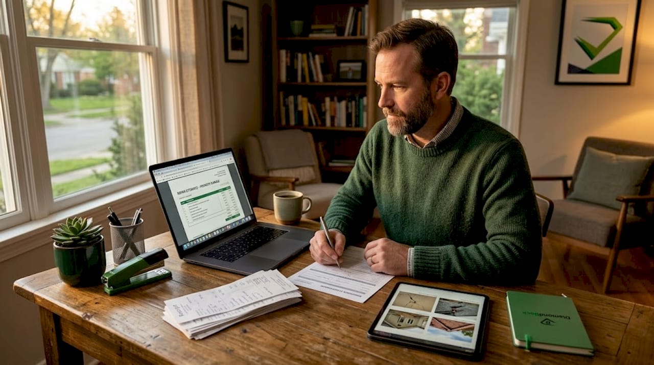 Man compiling receipts and damage photos for insurance claim