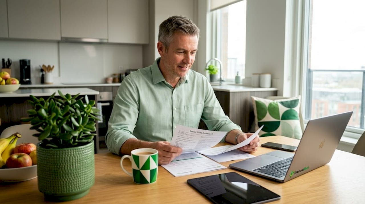 Man checking driving record at kitchen table