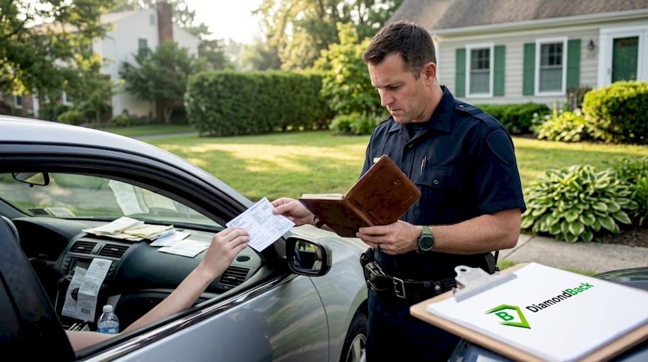 Officer reviewing proof during traffic stop