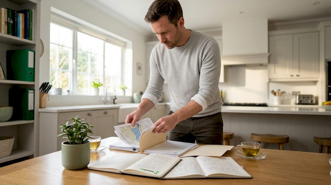 Man organizing documents for flood insurance