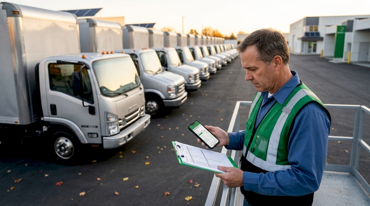 Fleet manager checks paperwork beside trucks