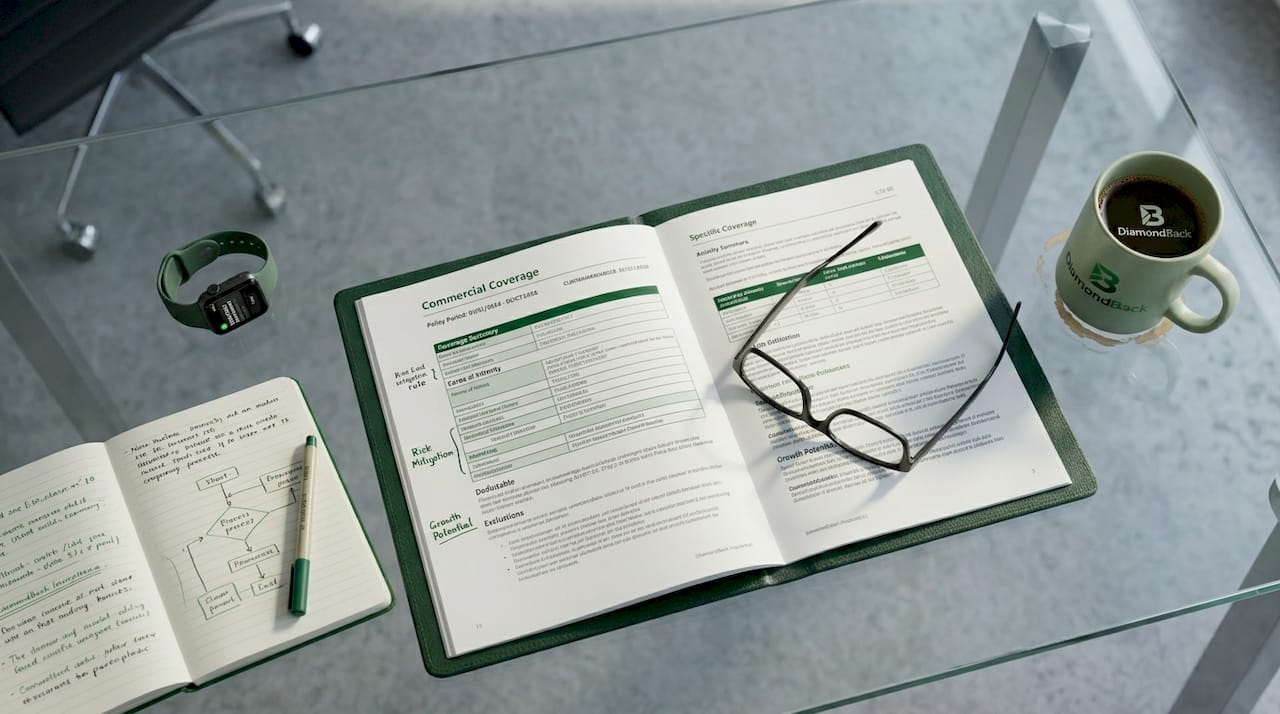 Close-up of insurance binder on desk