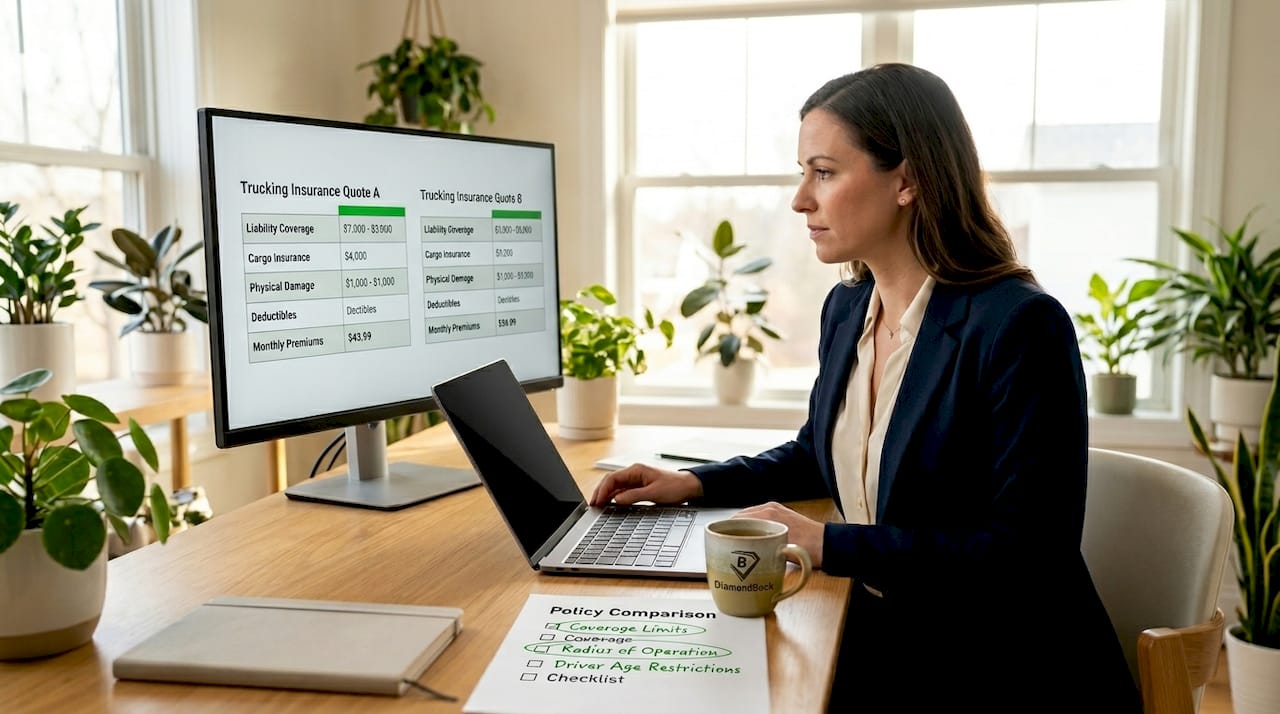 Fleet manager comparing trucking insurance quotes