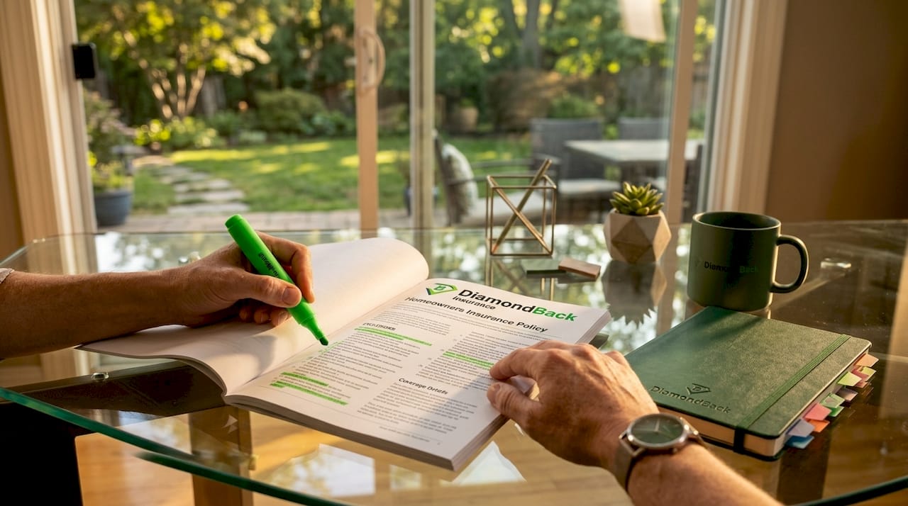 Hands highlighting insurance exclusions in policy document