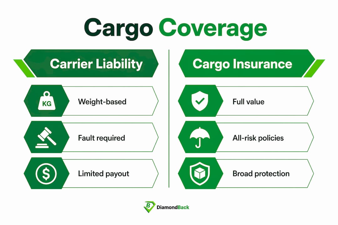 Infographic comparing carrier liability and cargo insurance coverage