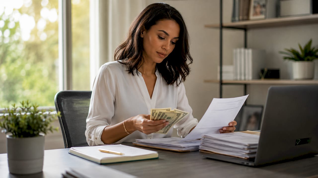 Woman paying insurance deductible cash