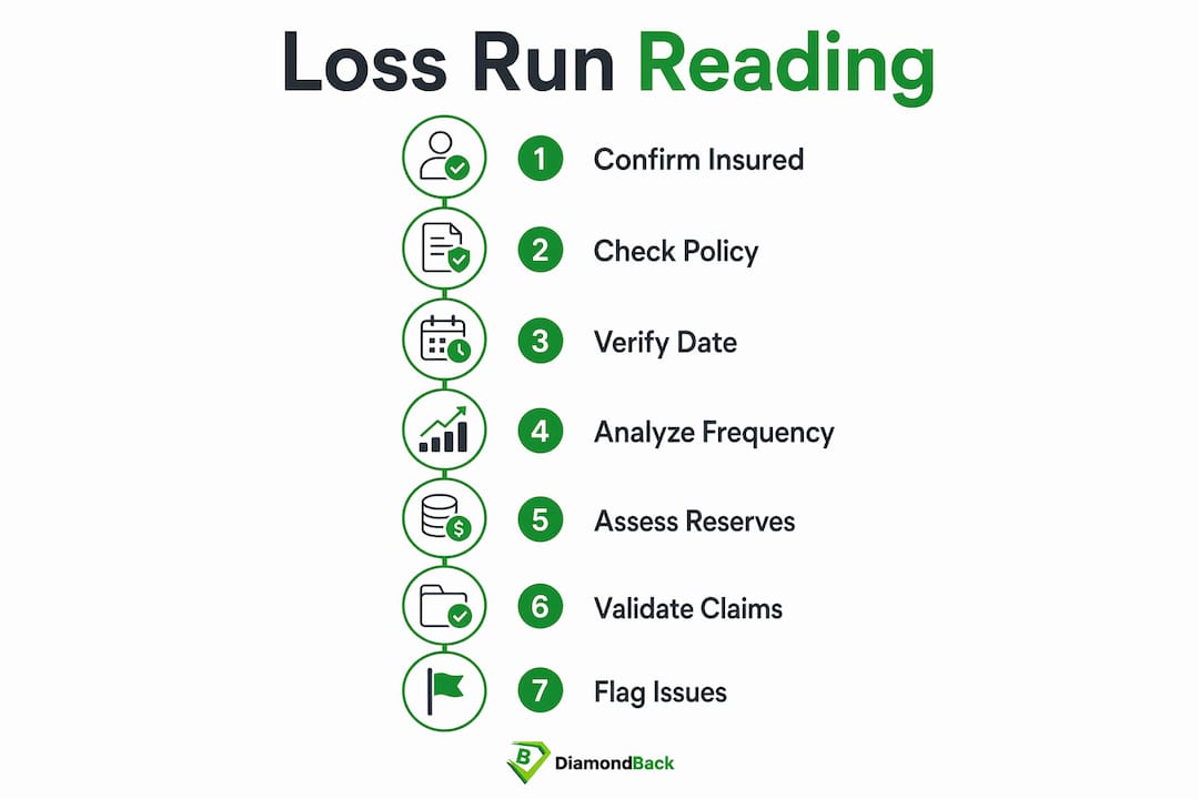 Infographic showing steps to read insurance loss run report