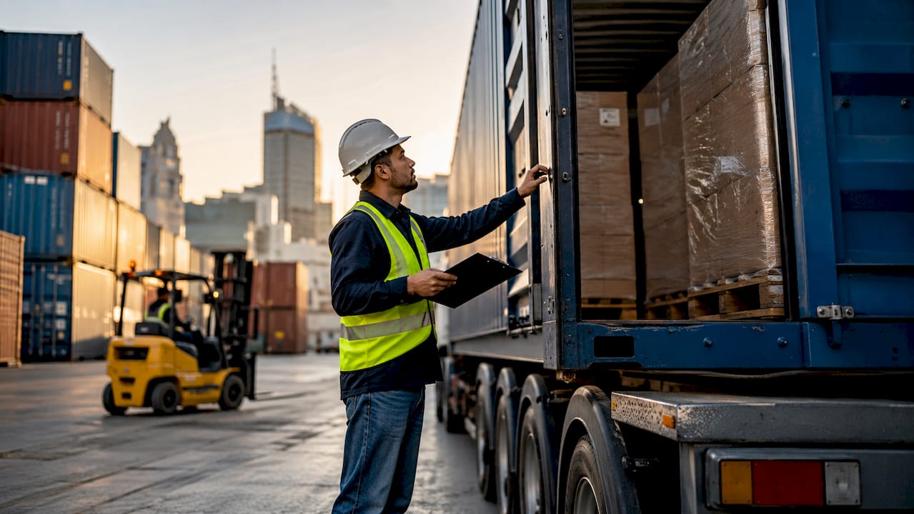 Logistics worker inspecting truck cargo at warehouse