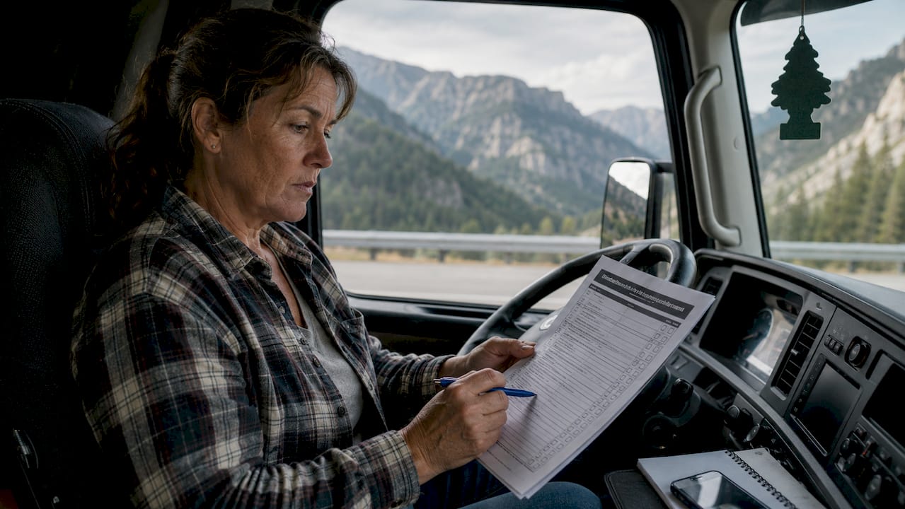 Truck driver reviewing insurance checklist