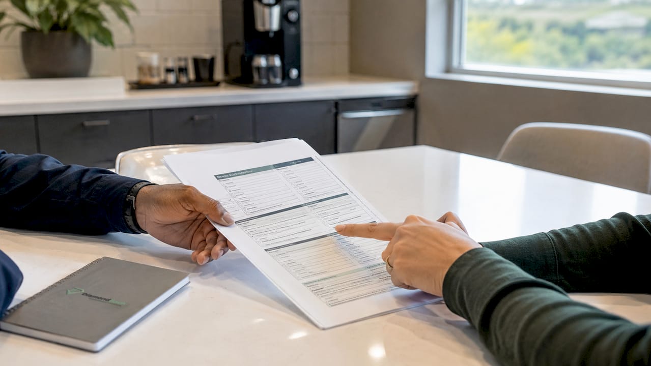 Hands exchanging insurance claim documents at desk