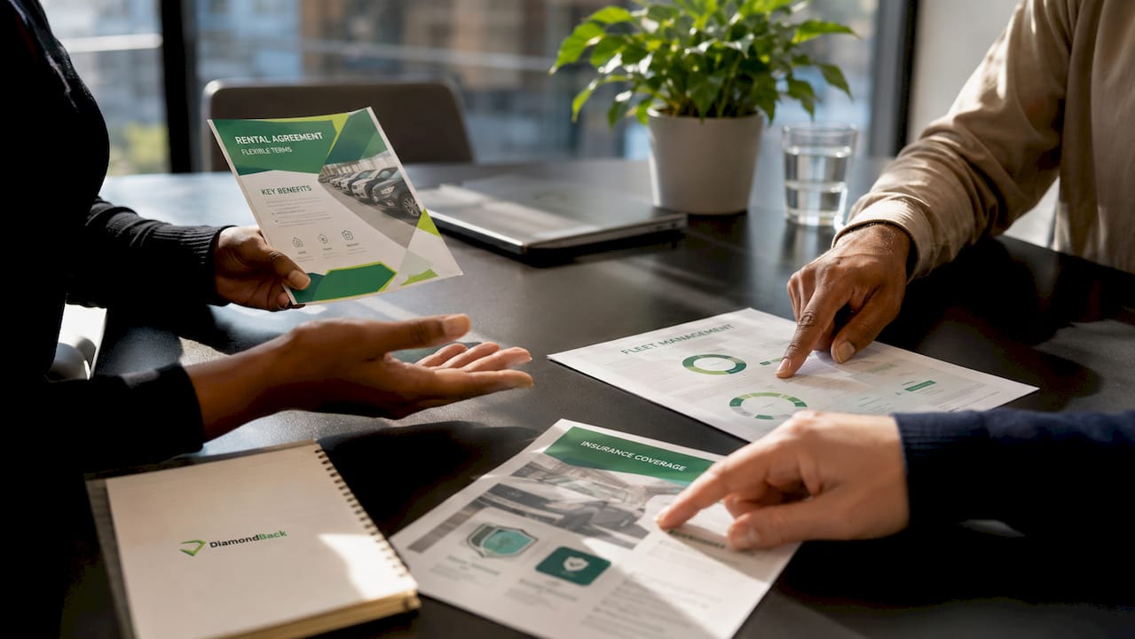 Close-up of business hands discussing rental vehicle and insurance