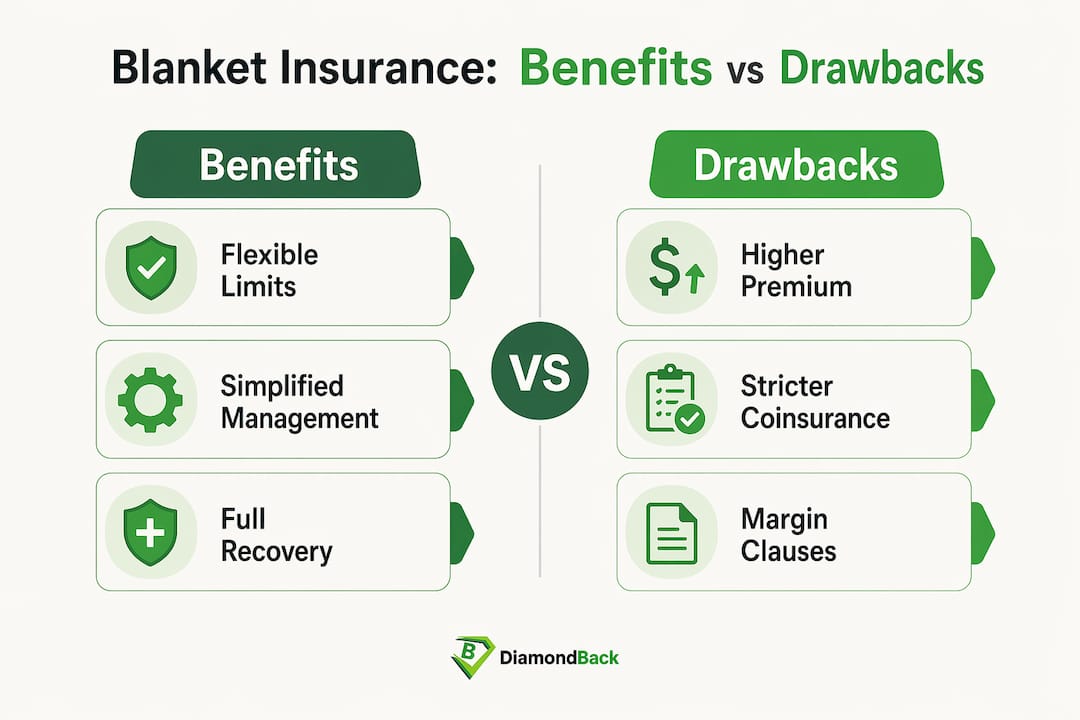 Infographic comparing benefits and drawbacks of blanket insurance