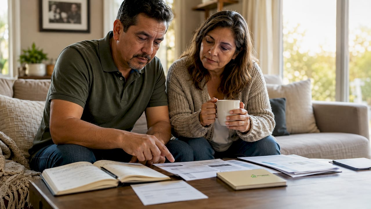 Couple discussing insured property documents in kitchen