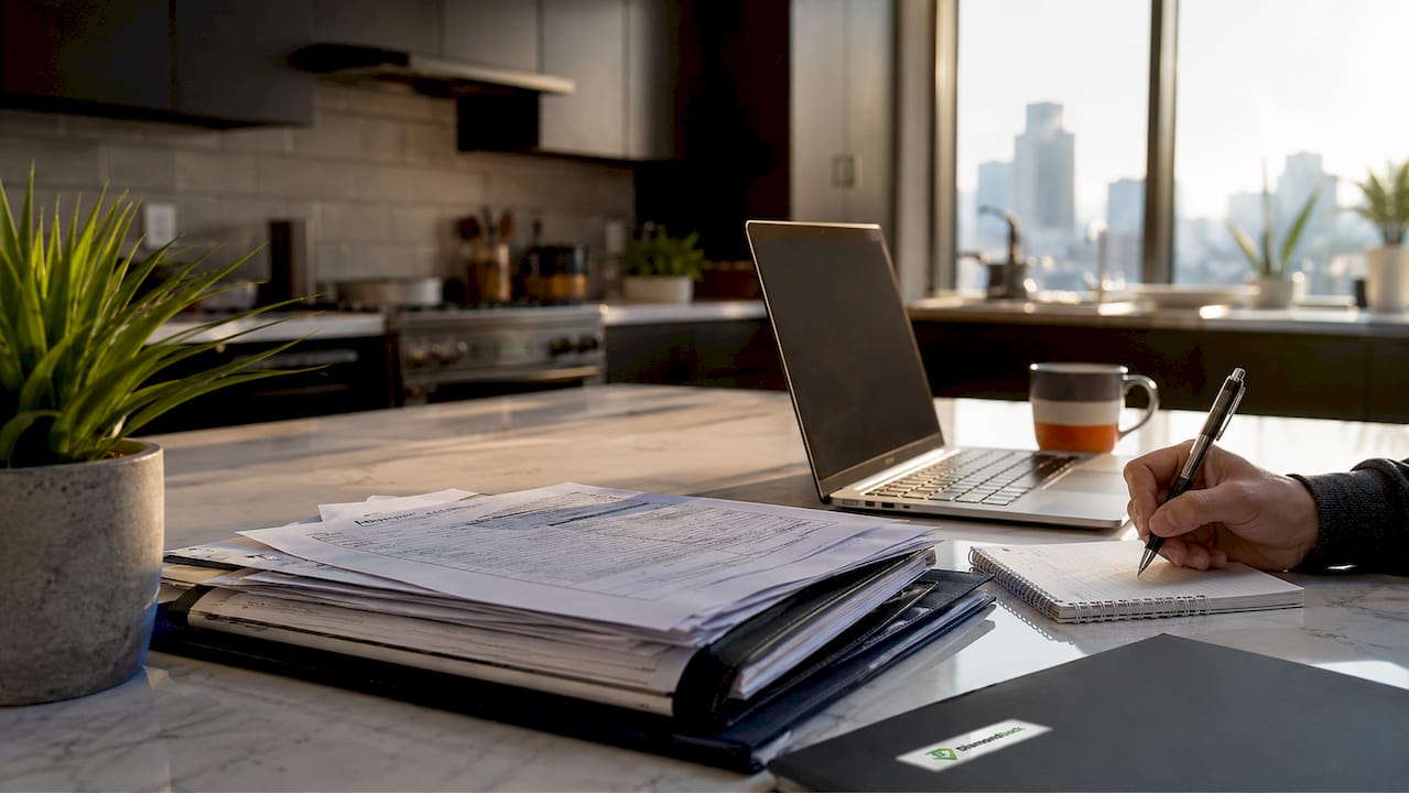 Overhead view of accident claim documents and calculator