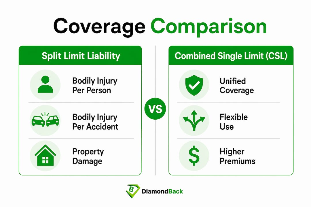 Infographic comparing split limit liability and CSL coverage