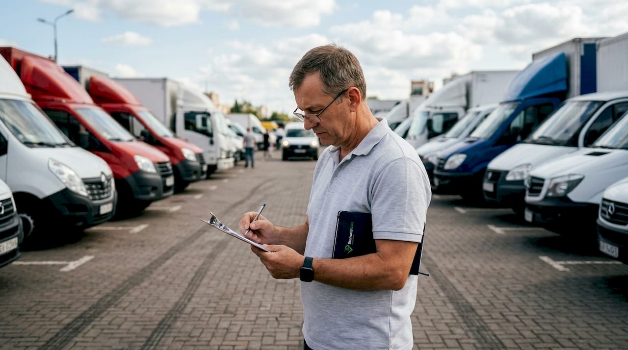 Fleet manager inspecting company vehicles outdoors