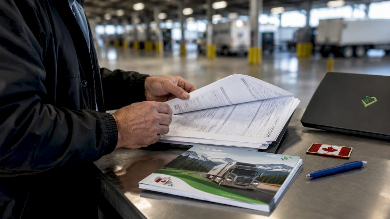 Hands reviewing cross-border trucking insurance papers