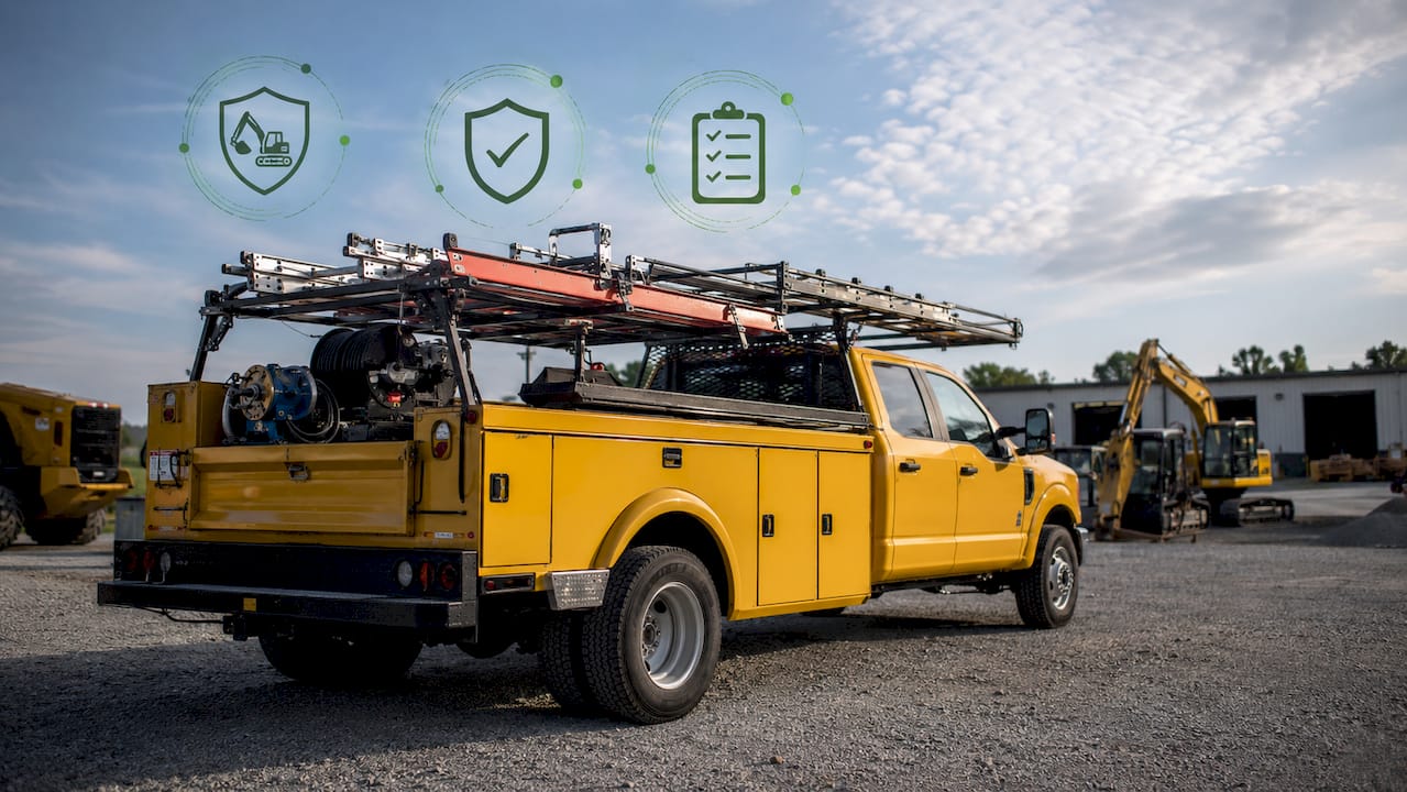 Service truck parked outdoors with insurance icons