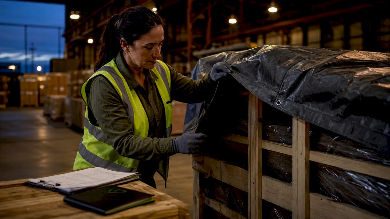 Hands inspecting shipping crate in warehouse for cargo coverage