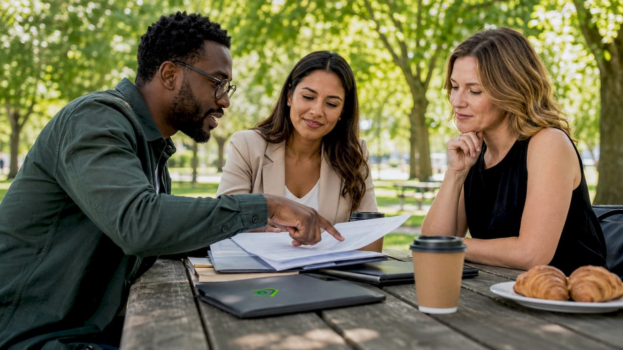 Group discussing insurance claims at coffee shop
